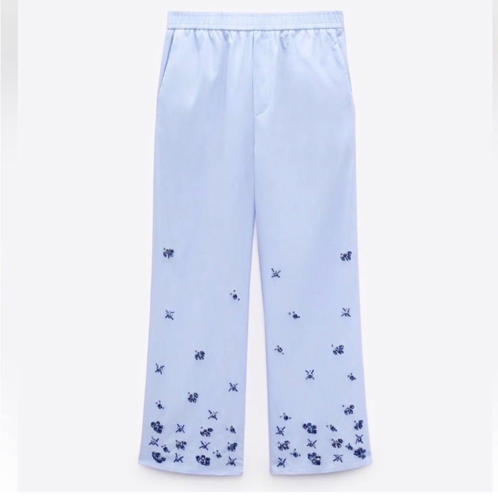Zara Poplin wide leg blue pants